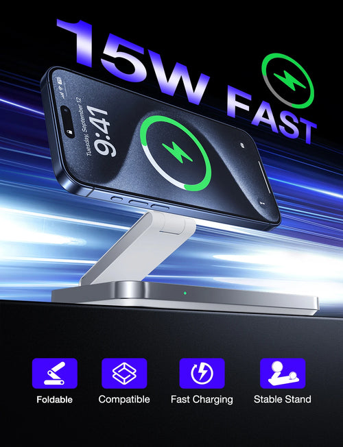 Magnetic 3 in 1 Fast Wireless Charger Stand Foldable Charging Station For iPhone 16 15 14 13 12 Apple Watch 9 8 7 6 Airpods Pro